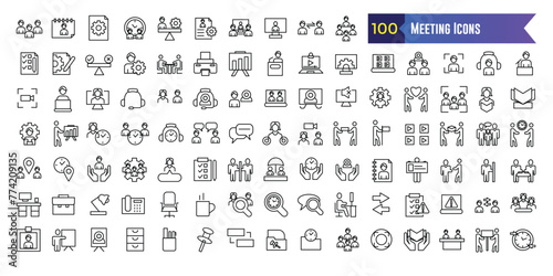 Meeting icons set. Outline set of online meeting vector icons for ui design. Outline icon collection. Editable stroke.