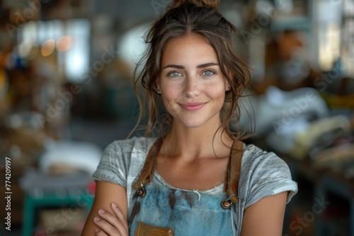 Young female artisan in her workshop wearing a denim apron with a gentle and friendly smile