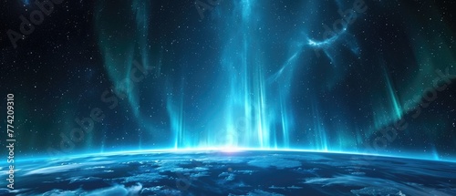 the serene light of orbiting celestial bodies, opening to a clearing crowned by a radiant aurora