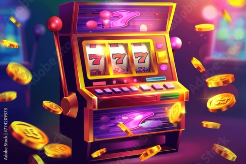 Cartoonstyle slot machine with exaggerated golden coins flying out, creating a fun and playful atmosphere