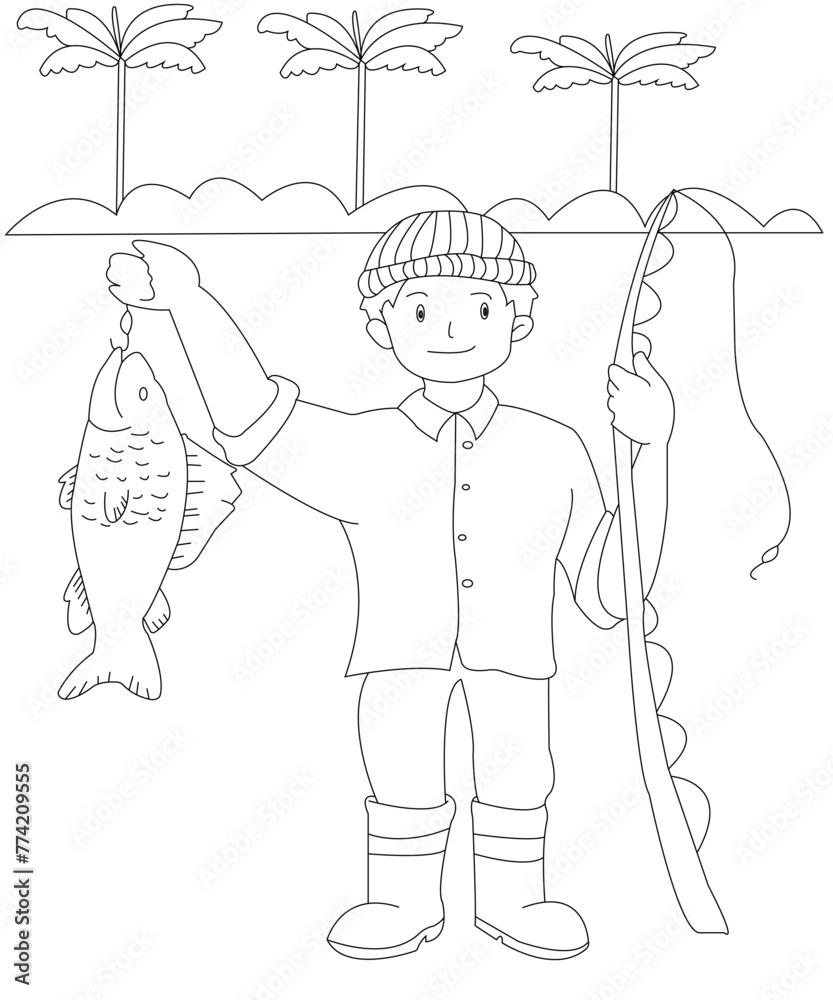 Fototapeta premium Fishing Coloring Book Page For Kids