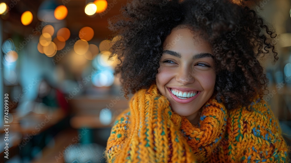 A dynamic shot of a model caught mid-laugh in a cozy café, their trendy outfit adding a splash of vibrant color against the rustic backdrop, illustrating the joy found in everyday fashion