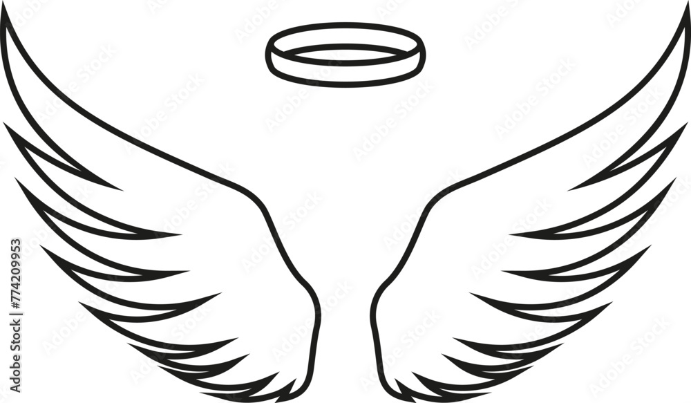 Fototapeta premium Halo and angels wings icon. Vector. Line style. 