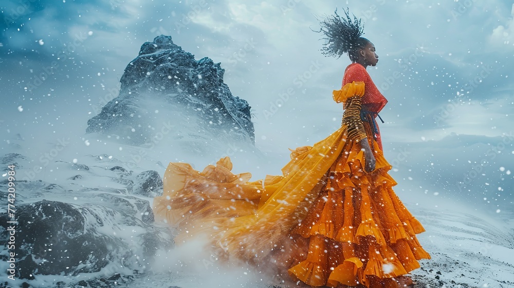 Fototapeta premium A model stands amidst a swirling snowstorm, their bold, colorful attire stark against the monochrome landscape, capturing the defiance and vibrancy of winter fashion
