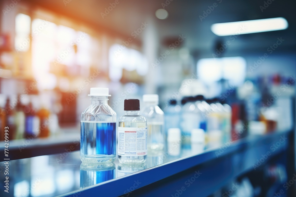 A pharmacy store with medicine standing on the shelves, blurred background