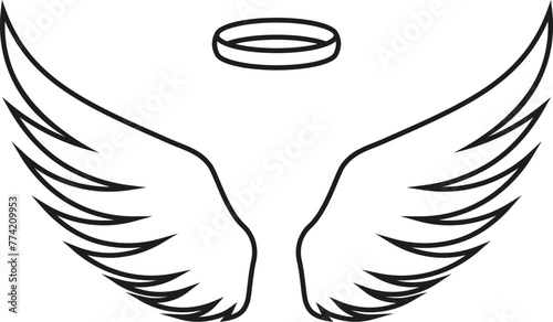 Halo and angels wings icon. Vector. Line style. 