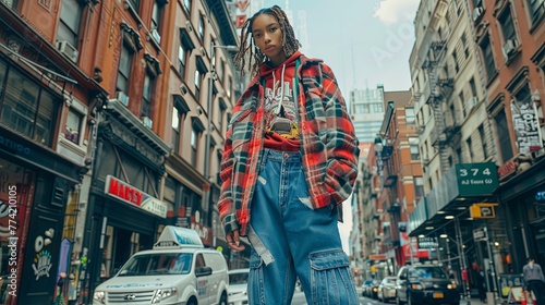 Caught in a candid moment on a bustling city street, a model's expressive streetwear ensemble tells a story of youth culture and urban dynamism photo