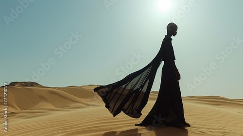 Under the harsh glare of the desert sun, a model's silhouette cuts a striking figure against the endless sands, their attire a testament to the harsh beauty of minimalist fashion