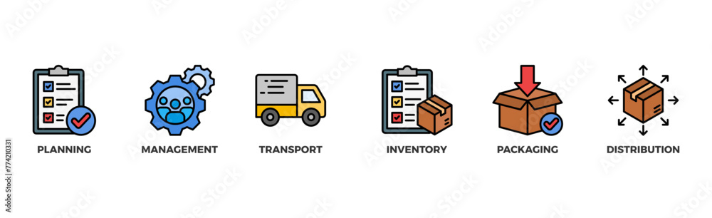 Logistics banner web icon vector illustration concept with icon of planning, management, transport, inventory, packaging, and distribution Logistics banner web icon vector illustration concept with icon of planning, management, transport, inventory, packaging, and distribution