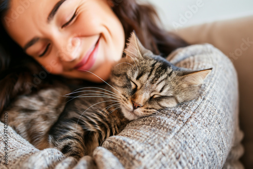 A woman hugs her grey tabby cat.
