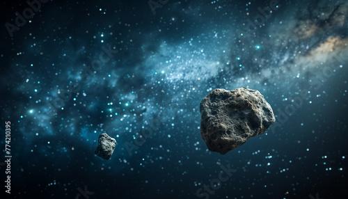 Asteroids floating in deep space with a starry background, depicting a cosmic scene, concept for the International Asteroid Day