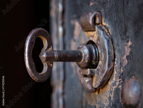 A key is shown in a close up, with the keyhole and the key itself visible