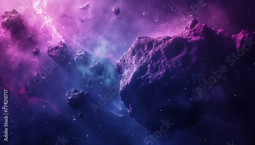 Surreal cosmic landscape with vibrant nebulae and floating asteroids, concept for the International Asteroid Day photo
