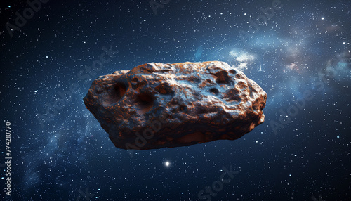 Asteroid floating through starry space with cosmic dust and stars in the background, concept for the International Asteroid Day