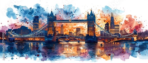 Watercolor citys bridge lit up