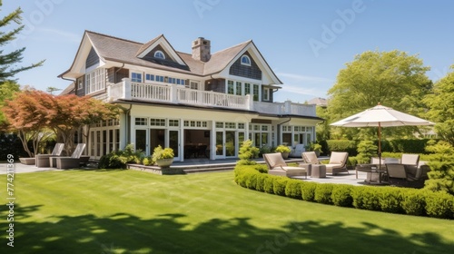 Mediterranean inspired villa with a sprawling garden and a private beach access in the exclusive Hamptons, New York photo