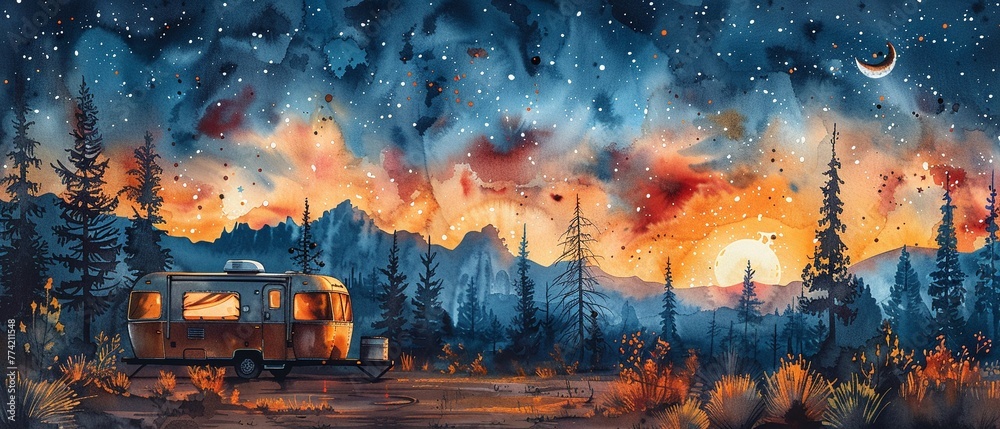 Naklejka premium Desert caravan stops to enjoy a natural show of meteoric fireworks clipart watercolor white background