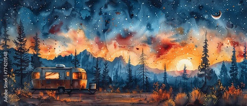 Desert caravan stops to enjoy a natural show of meteoric fireworks clipart watercolor white background