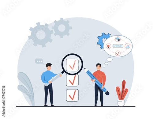 Strategic planning concept.Character analyze data statistics, create development plan, improving strategy, create new ideas and promote them. Vector illustrations	
