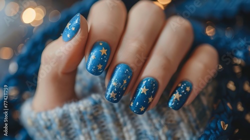 close-up of a hand with nails painted in dark blue nail polish and adorned with golden star-shaped decorations on a textured fabric