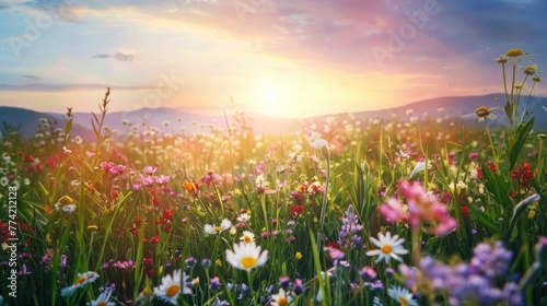 A field of flowers with a bright sun in the sky © Moon Story