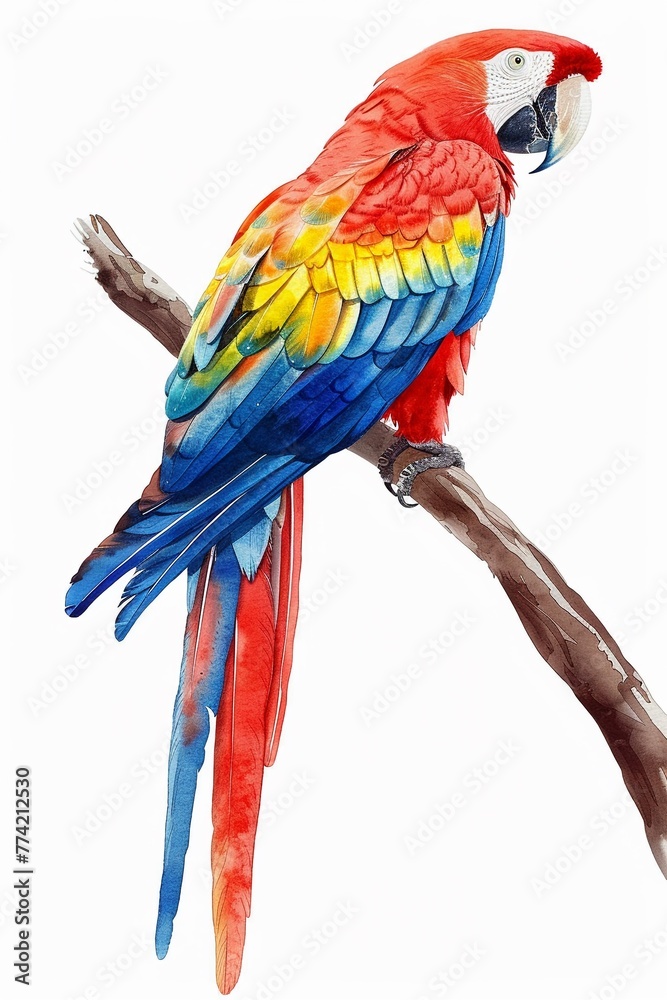 African parrot with bold plumage watercolor vivid strokes dynamic against a white scene