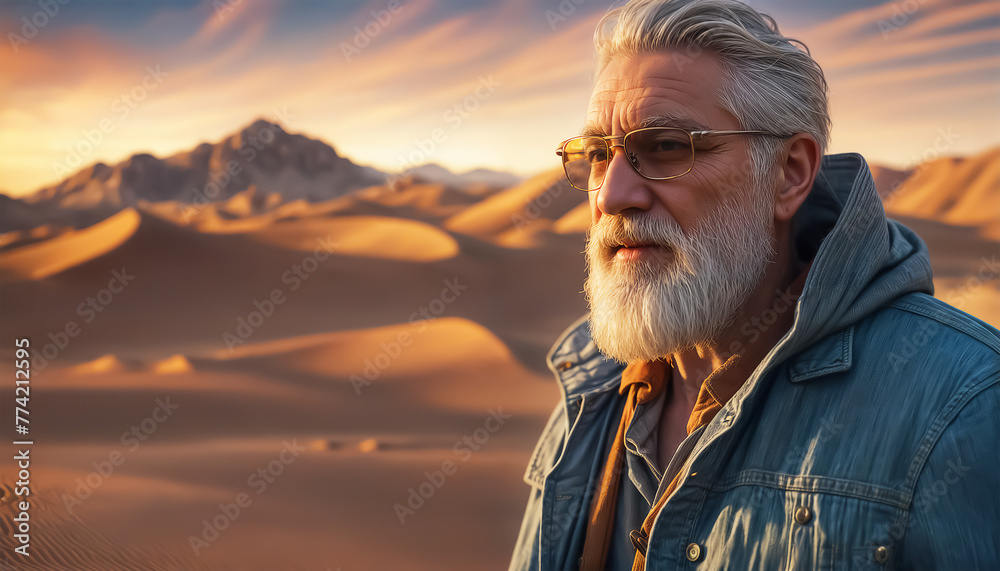 Old man. An elderly Caucasian man in glasses with a gray beard among the sand dunes at sunset. Selective focus. AI generated Old man. An elderly Caucasian man in glasses with a gray beard among the sand dunes at sunset. Selective focus. AI generated