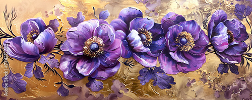 Violet anemone blossom oil painting. Banner with beautiful spring flower.