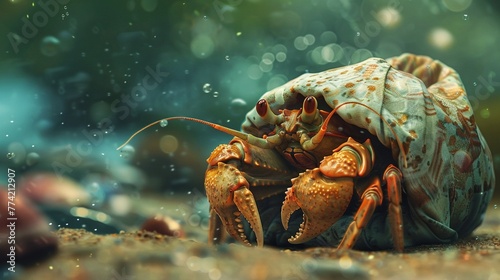 Hermit crab journeying softshell bag backdrop eye level adventurous mood natural lighting photo