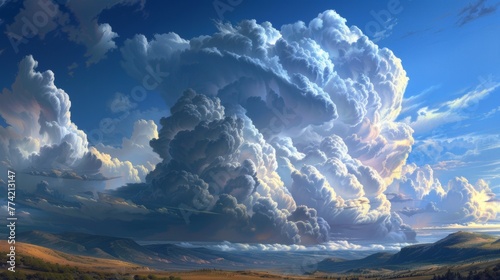 Majestic cumulonimbus clouds tower over a landscape photo