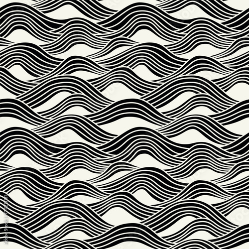Vector seamless pattern. Stylised linear ocean waves. Hand drawn graphic sea waves. Tileable monochrome swatch. Wavy graphical surface design.