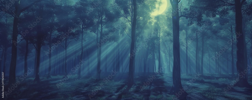 Moonlight filters through a forest creating a pattern of shadows and light