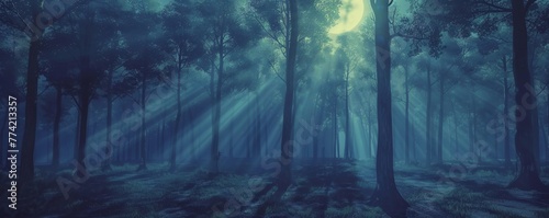 Moonlight filters through a forest creating a pattern of shadows and light