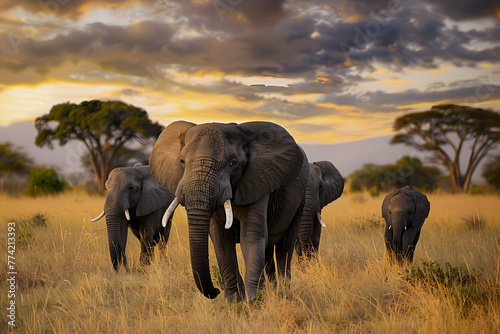 A herd of wild elephants walk through the savanna of Tarangire National Park in Tanzania  East Africa