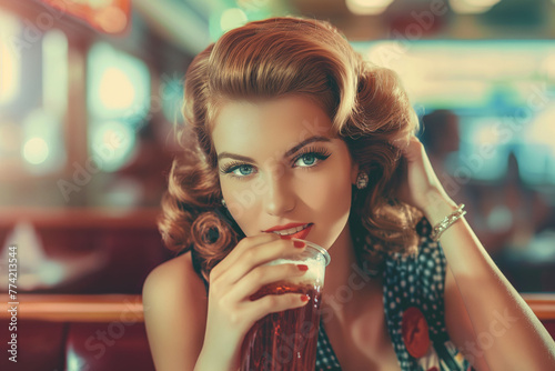 A retro-style advertisement featuring a glamorous woman enjoying a soda fountain drink, harkening back to the golden age of advertising photo