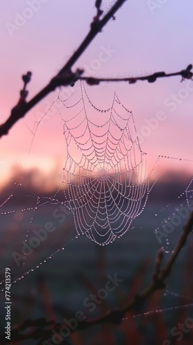 Morning dew sparkles on a web under the first light of dawn