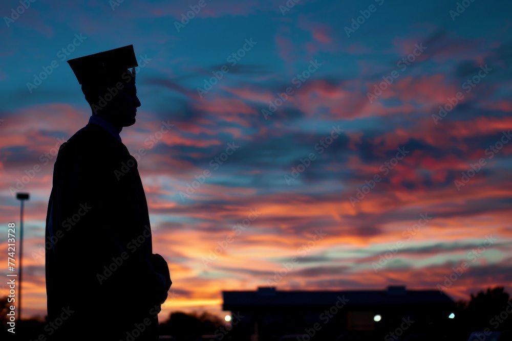 A silhouette of a proud graduate standing tall, exuding a sense of accomplishment and pride. A silhouette of a proud graduate standing tall, exuding a sense of accomplishment and pride.