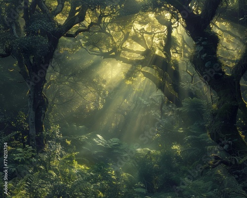 Morning light filters through an ancient forest