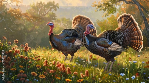 Two turkeys are walking in a field of flowers photo