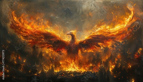 A fiery bird is flying through a sky filled with clouds and fire by AI generated image photo