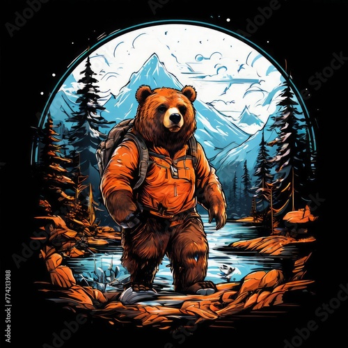 The bear and his carrying bag are ready for adventure, vintage color design, adventure, logo badge vector illustration, print on t-shirt, t shirt design, background illustration