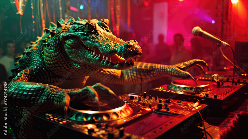 Alligator DJ Crocodile at a party in night club Alligator DJ Crocodile at a party in night club