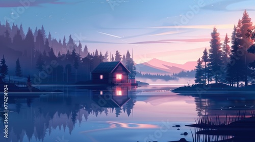 A serene lake with a cabin in the distance
