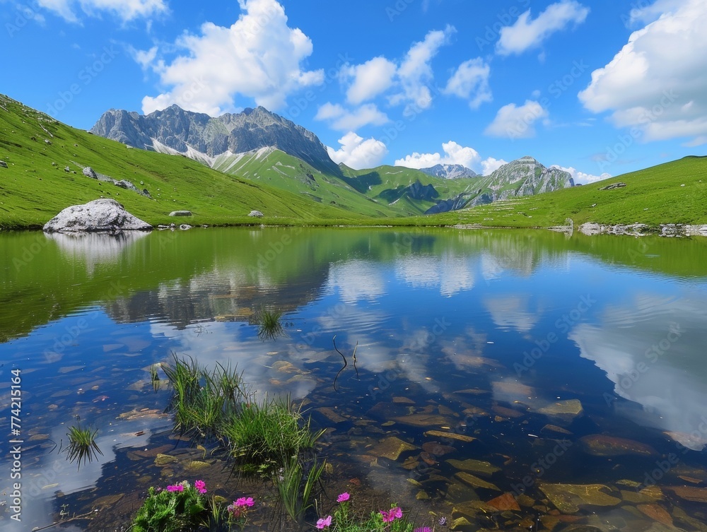Reflections of a perfect sky in the still waters of an alpine lake