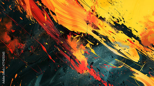 abstract background painting with acrylics in orange and red colors ,Abstract painting with red, yellow, and black splashing paint