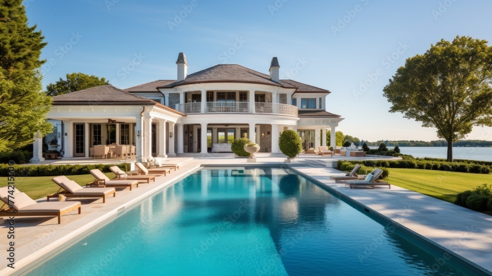 Mediterranean inspired villa with a sprawling garden and a private beach access in the exclusive Hamptons, New York