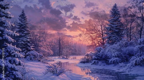 Soft glow of twilight envelops a snowy landscape © WARIT_S