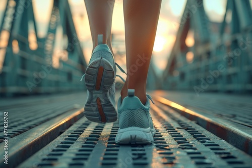 The focus is on the feet of a person taking a deliberate step on a metal bridge at sunset