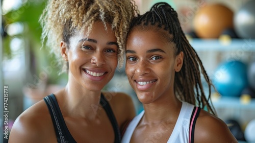 Two diverse young female friends in sportswear laughing together while standing in a gym after a workout © PaulShlykov