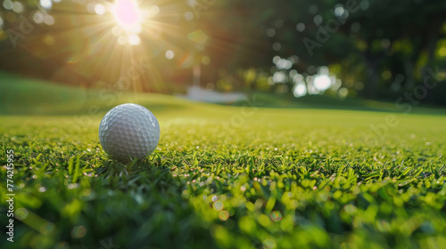 Close view of a golf ball on lush fairway, blurred golf course backdrop, bright greenery